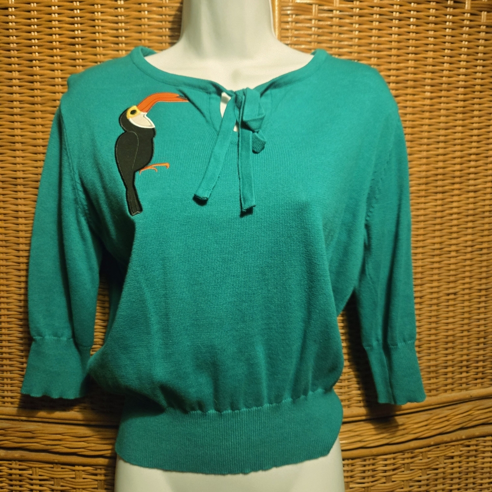Collectif Green Sweater with Toucan Detail